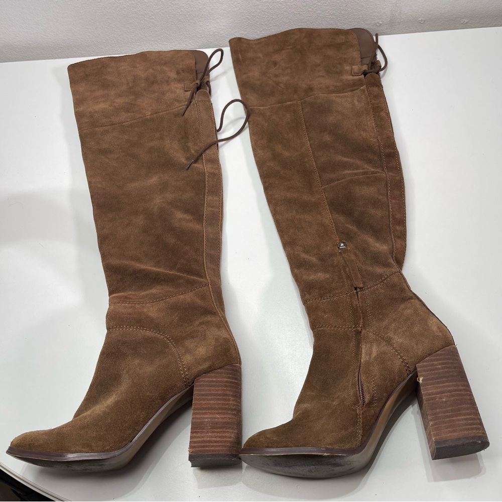 Steve Madden Women 8 Brown Leather Suede Novela Over The Knee Chunky Heel Boots